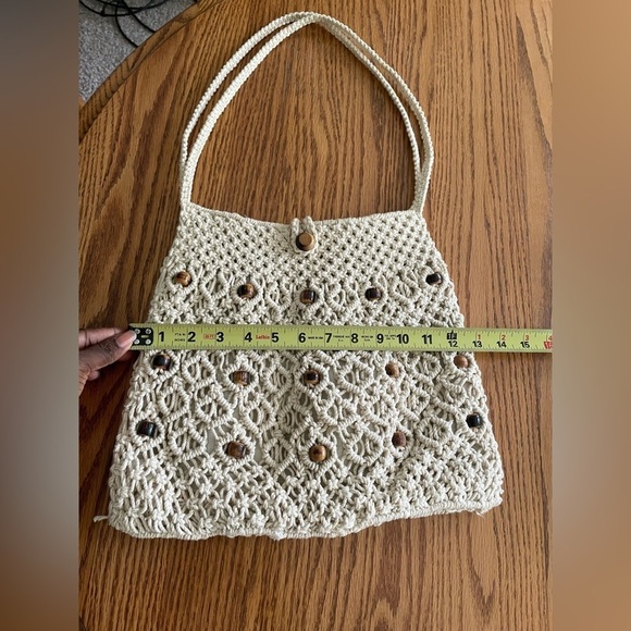 Handmade Boho Crochet Macrame Bag  With Beaded Detail 1970s Hand Bag - Picture 3 of 8